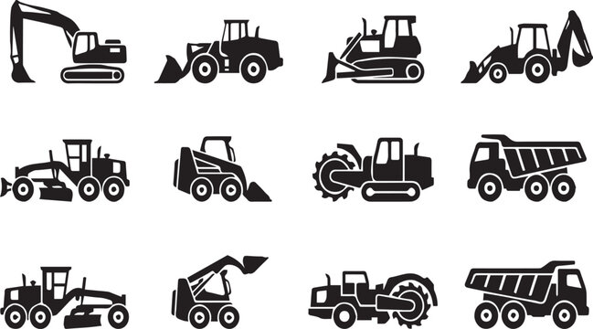 Heavy construction machinery and earthmoving vehicle icon set, black silhouette excavators, bulldozers, and dump trucks on white background