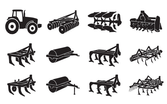 Agricultural machinery and soil cultivation equipment icon set, black silhouette farm tractors, plows, and harrows on white background