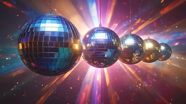 A row of shimmering disco balls hangs against a vibrant background of colorful light rays