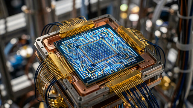 Quantum computer processor chip with glowing blue circuits and gold wiring close up.

