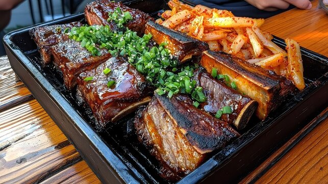 Grilled Korean Beef Short Ribs Galbi with Kimchi on Sizzling Plate