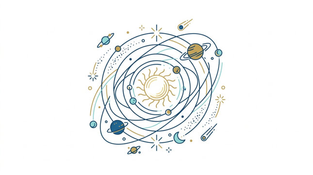 Solar System Illustration with Sun Planets and Orbits.