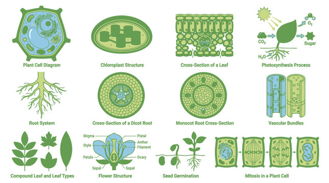Plant Biology Diagrams Showing Cells Roots Leaves and Photosynthesis.