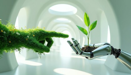 Naklejka premium Human arm of grass and robot hand with plant seedling touch. Nature meets tech, new life growth. Eco friendly future. Sustainable development. Symbiosis.