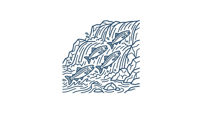 Salmon Swimming Upstream Waterfall Illustration.