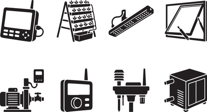 Smart greenhouse and hydroponic farming equipment icon set, black silhouette vertical cultivation, automation controllers, and indoor growth systems on white background