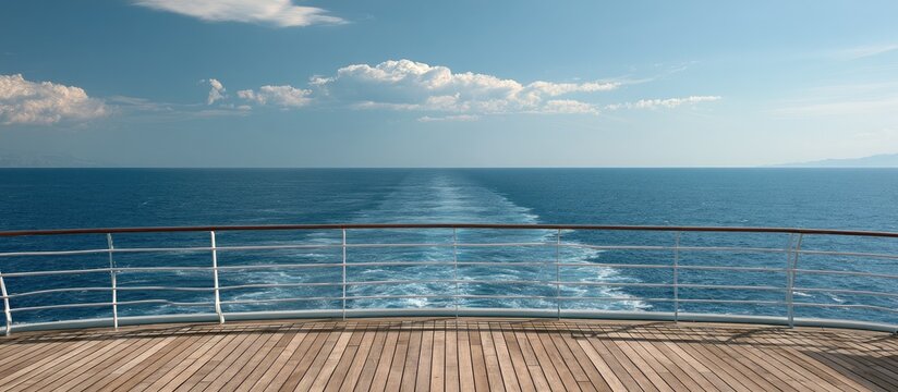 View from a ship deck looking out at a foamy wake on a clear blue ocean