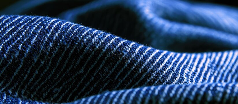 Close-up of blue striped fabric folds, textured and richly detailed
