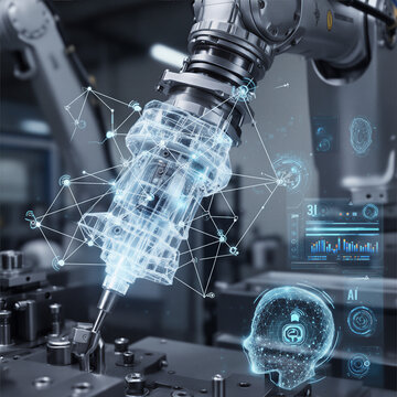 Industrial internet of things concept with precision robotic arm manipulator and digital twin worker profile blueprint in smart factory, generative ai