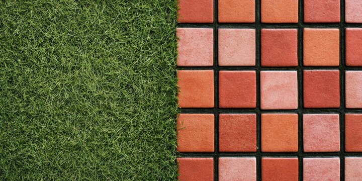 Natural green grass meets a grid of textured orange-red square tiles