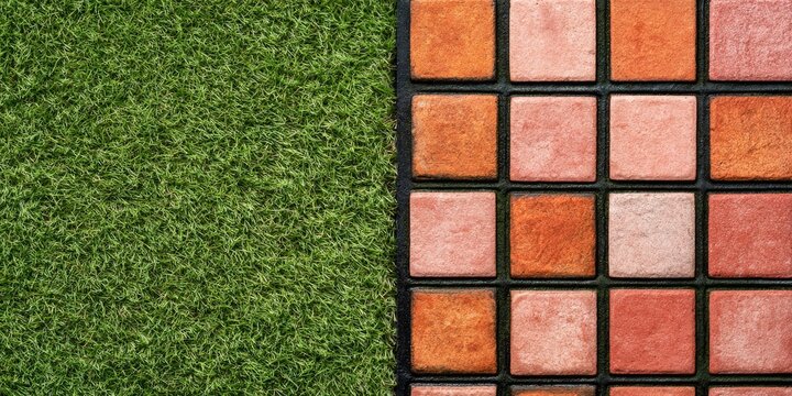 A textured split image shows lush green artificial turf next to warm-toned square tiles