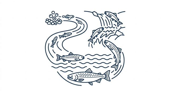 Salmon migration cycle illustration showing fish swimming upstream to spawn.