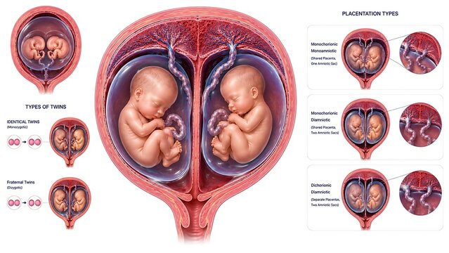 infants in womb with umbilical cord and placenta types