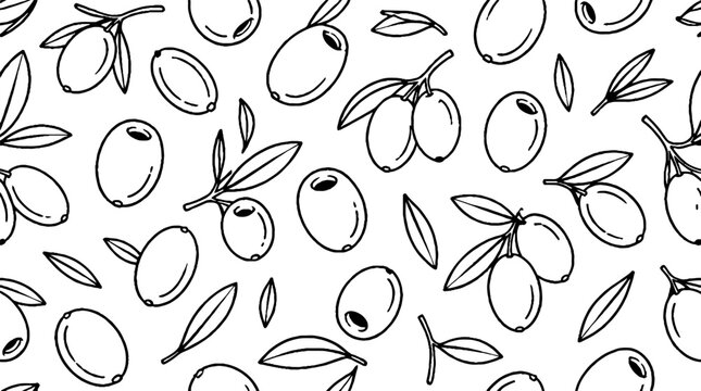 Hand drawn olive branch and fruit illustration.