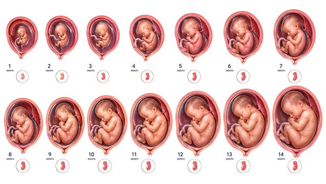 Human fetus development stages from one to fourteen months in womb