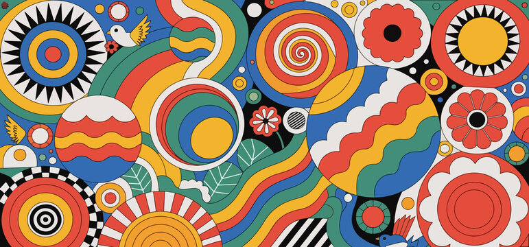 Retro geometric pattern with colorful circles and floral motifs graphic wallpaper