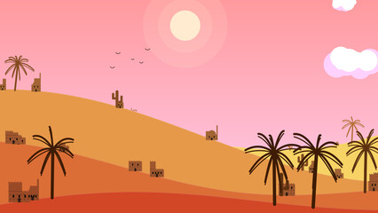 Obraz premium Procedural Art, minimalist desert village landscape with palm trees at sunset