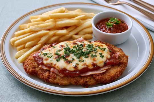 Breaded beef with tomato sauce, ham, and melted mozzarella named Milanesa Napolitana with fries