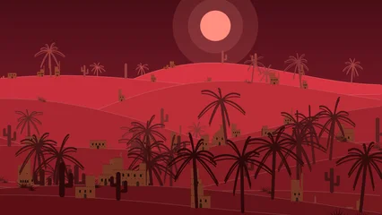 Fotobehang Bordeaux Procedural Art of red desert landscape illustration with palm trees and sun  © TriEndah