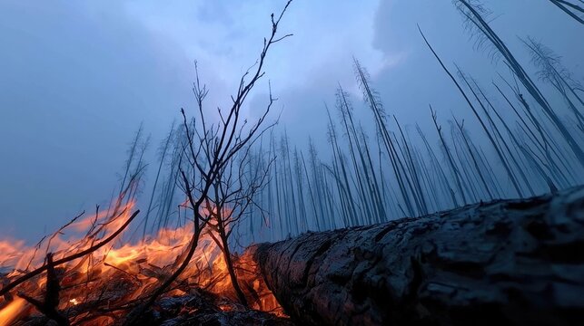 A forest fire rages, casting an eerie glow on skeletal trees and scorched earth