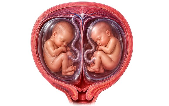 Twins in the womb with umbilical cords and placenta
