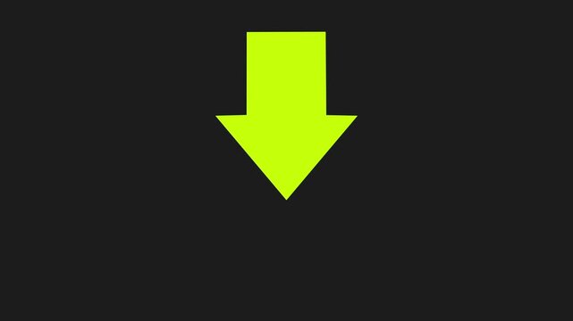 Vibrant neon lime green arrow pointing downwards against a solid dark charcoal background, minimalist motion for digital interfaces, web navigation, and interactive ui projects