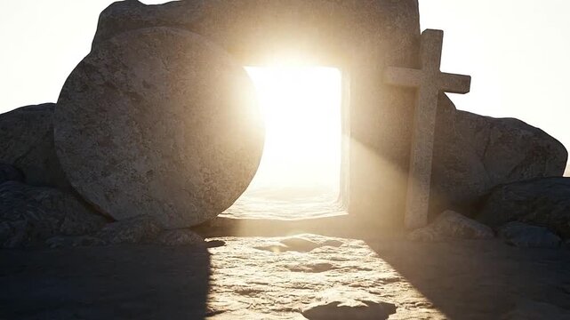 Bright light shines from an empty stone tomb with a cross at sunrise