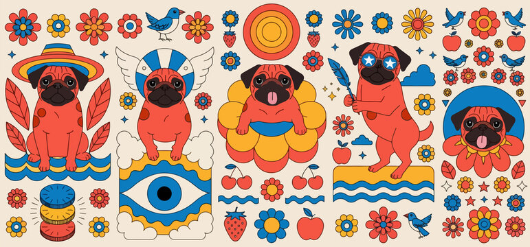 Retro pug dog collection with flowers and birds groovy hippie art
