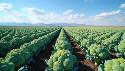 Fototapeta premium Vast field of ripe broccoli plants stretches to horizon under blue sky with clouds. Rows of green vegetables grow on fertile soil in sunny Yuma, Arizona farm.