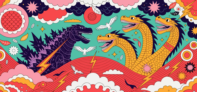 Giant lizard monster fighting three headed dragon fantasy battle scene