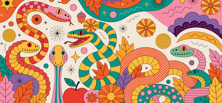 Retro snakes with autumn and flowers seamless pattern culinary arts