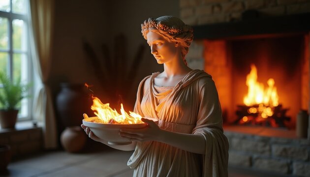 Ancient statue of goddess Hestia holds burning fire bowl. Fireplace with flames in cozy home interior. Woman protects hearth warmth and domestic peace. Stone sculpture.