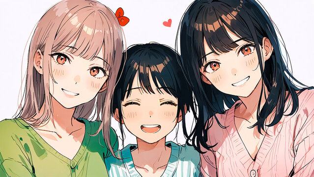アニメ風の笑顔で仲良しな3人の女性