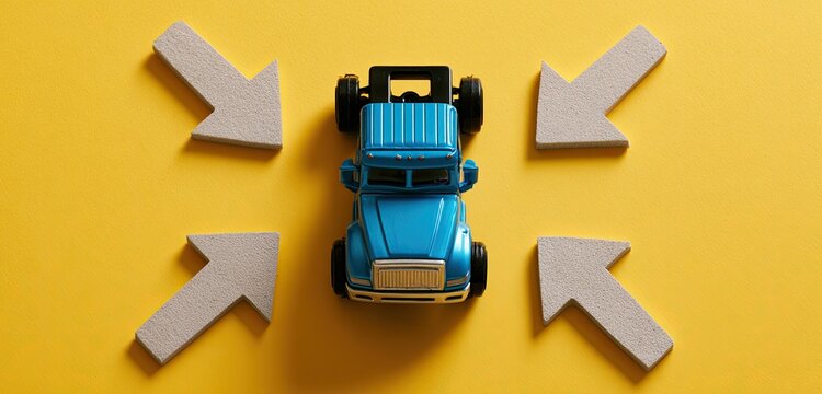 Miniature blue truck surrounded by four gray arrows pointing inwards