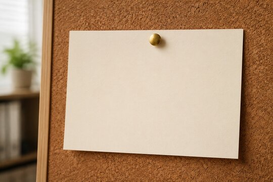notecard. Blank cream notecard pinned to corkboard with brass tack, illuminated by soft diffused office light. lifestyle magazines.