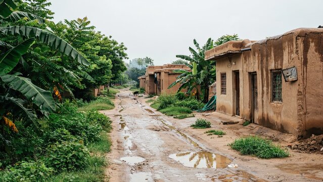 Village houses with mud walls line a narrow dirt path under a cloudy sky in a rural agricultural settlement setting.