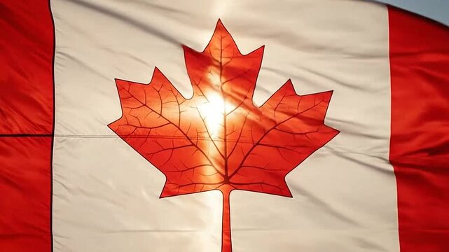 The national flag of Canada glows brightly with sunlight shining through the fabric