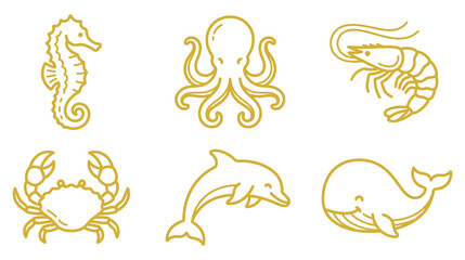 Collection of gold outline sea animal icons featuring aquatic creatures on white backdrop. © jubayer71