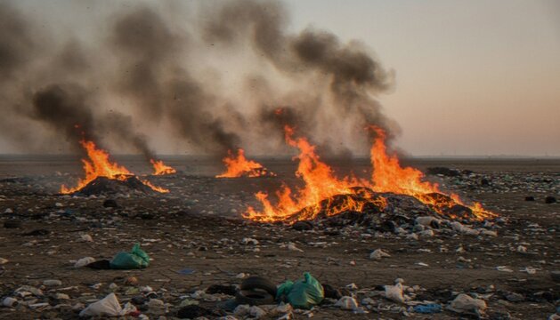 Large piles of trash and garbage burning in an open dump site with thick black smoke rising into the sky, highlighting environmental pollution.