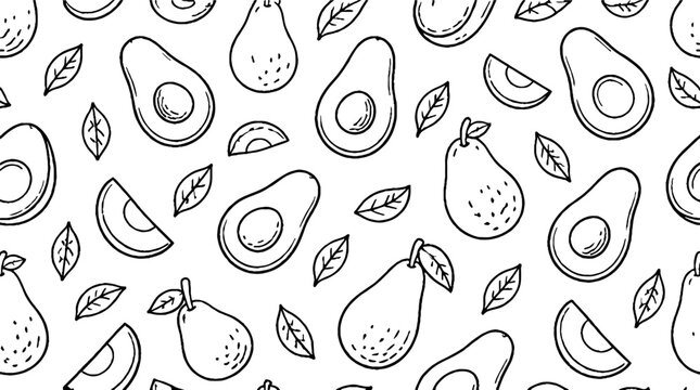 Detailed black and white avocado illustration pattern.