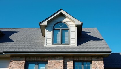 Obraz premium Residential house exterior shows gray shingle roof and dormer window. Brick facade with clean lines under bright blue sky. Modern home architecture detail, suburban dwelling exterior.