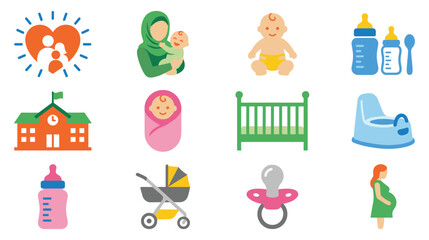 Naklejka premium Collection of colorful baby care icons set for parenting nursery development equipment set.