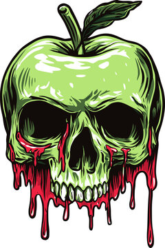 Green apple skull dripping red blood. Vector illustration.