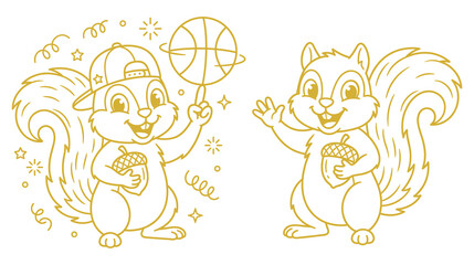 Cute squirrels line art illustrations with basketball and acorn for children coloring book. © jubayer71