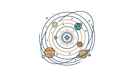 Stylized Solar System with Planets Orbiting Sun. © Yami