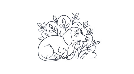 Obraz premium Cute Cartoon Dog Sitting Scared Among Leaves in Minimalist Line Art Style