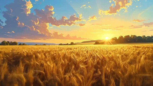 Golden wheat field at sunset with a bright sun and dramatic clouds