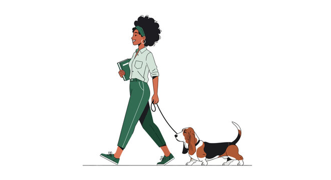Woman walking her beagle dog on a leash.