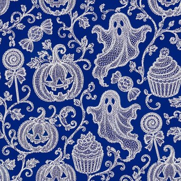 White lace Halloween spooky pattern on blue background. Seamless pattern with pumpkins, ghosts, cupcakes, and candies in vintage lace style.