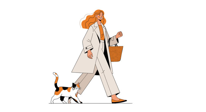Woman in lab coat walking a cat and carrying basket.